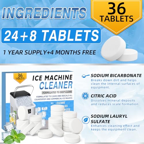 Ice Machine Cleaner Tablets Descaler (36 Pack) – Portable Ice Maker Cleaner, Nickel Safe Scale Remover Compatible with Countertop and Nugget Ice Maker, Remove limescale, Odor-Free, Crystal Clear Ice