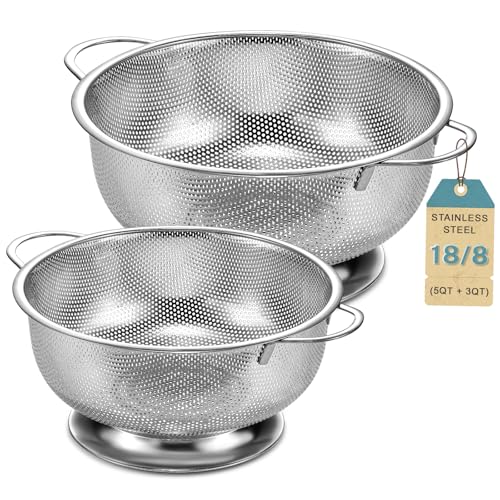 Pleafind Colander for Kitchen - 5 QT & 3 QT Stainless Steel Strainer with Handle, Kitchen Strainer Colanders Bowl for Pasta, Noodles, Spaghetti, Vegetables and Fruits, Rust-Resistant & Dishwasher Safe