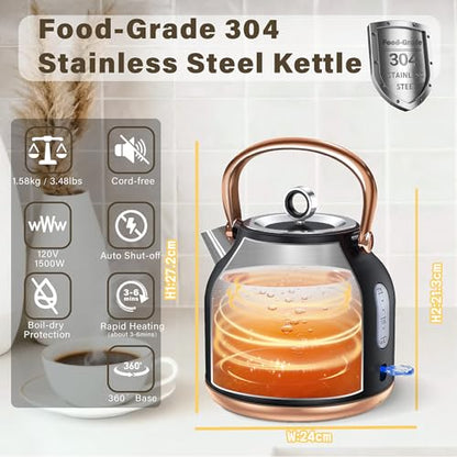 Retro Electric Kettle, 1.7L Stainless Steel Tea Kettle with Large Temperature Gauge, 1500W Fast Heating Hot Water Boiler with LED Indicator, Auto Shut-off & Boil-Dry Protection-Reteo Black - color: Retro Black