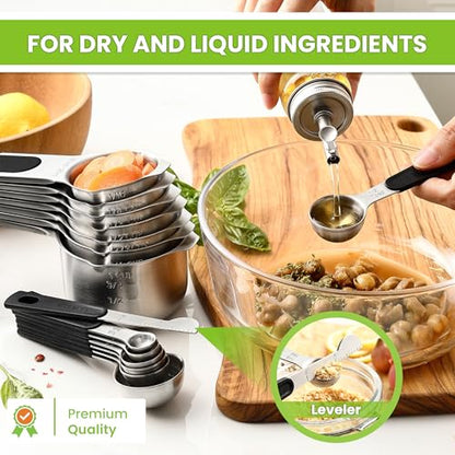 Spring Chef Magnetic Measuring Cups & Spoons Set (Patent Pending), Strong N45 Magnets, Heavy Duty Stainless Steel Fits in Spice Jars for Baking & Cooking, BPA Free, Round Set of 15 with Leveler, Black