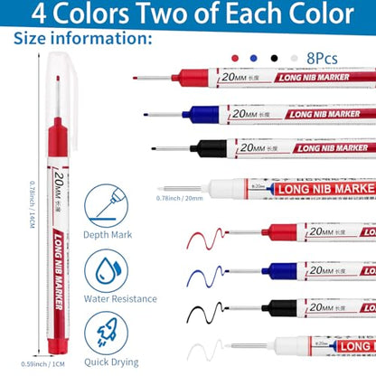 8 PCS Long Head Deep Hole Marker Pens,20mm Long Nib Marker, Longs Nose Markers, Waterproof Construction Markers Marking Tool,Permanent Markers Carpenter Ink marker Pens,Metal marking Pens - color: 8PCS-20MM-Red/White/Blue/Black
