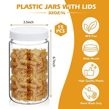 Eaasty 15 Pack 32 oz Plastic Jars with Lids Clear Mason Jars Large Storage Container Wide Mouth Empty Bulk for Home Food Candy Organizing Kitchen(White) - color: White