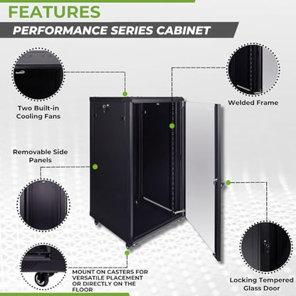 NavePoint 22U Server Cabinet Wall Mount Rack Enclosure with Caster Wheels, 2 Fans, Locking Glass Door, Removable Side Panels – 22U Network Cabinet 23.6” Deep, 19” Server Rack for A/V Equipment - size: 22U - 600mm Depth