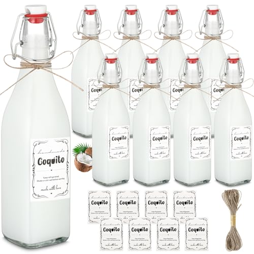 DoubleFill 8 Set Coquito Swing Top Glass Bottles 16 Oz Flip Top Brewing Bottles with Coquito Stickers Wine Airtight Caps for Home Party Milk Eggnog Kefir(Stylish) - style: Stylish