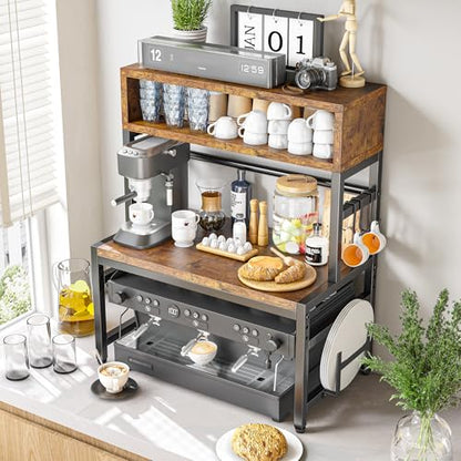 EnHomee 4-Tier Microwave Stand for Kitchen Storage, Brown | 205 lb Capacity, Adjustable Kitchen Shelves with 9 Hooks & Cutting Board Rack - color: Brown