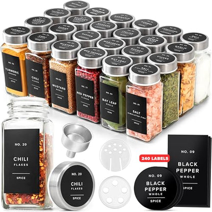 EDELHAUS Glass Spice Jars with Label, 24x Stainless Steel Lids | Airtight Lids keep spices fresh, Kitchen Spice Drawer Organizer, 4oz Seasoning Containers incl. Funnel, Brush & 240 Labels - color: Stainless Steel Lid