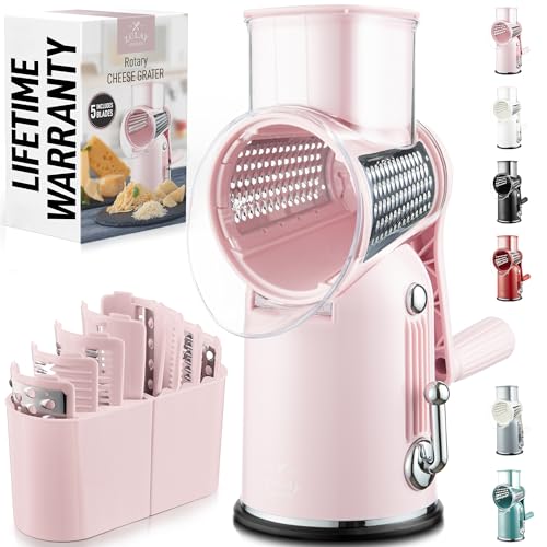 Zulay Kitchen Rotary Cheese Grater 5 Blade Cheese Shredder - Manual Hand Crank Cheese Grater With Reinforced Suction & 5 Interchangeable Drums - Easy to Use, Vegetable Chopper Round Mandoline Slicer - color: Classic | Pink