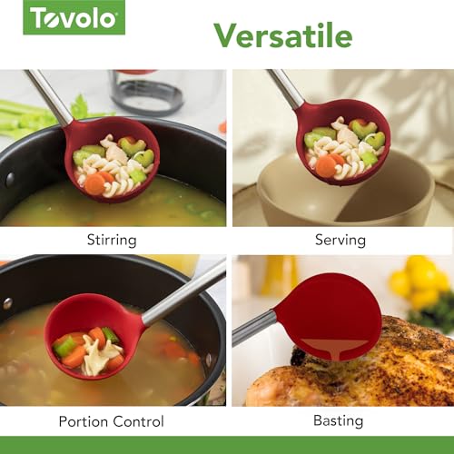 Tovolo Silicone Ladle With Stainless Steel Handle Deep Soup Ladle for Cooking Canning Serving Soup Punch Stew Sauce, Large Kitchen Utensil Spoon Dishwasher Safe BPA Free Silicone Cayenne Red - color: Cayenne
