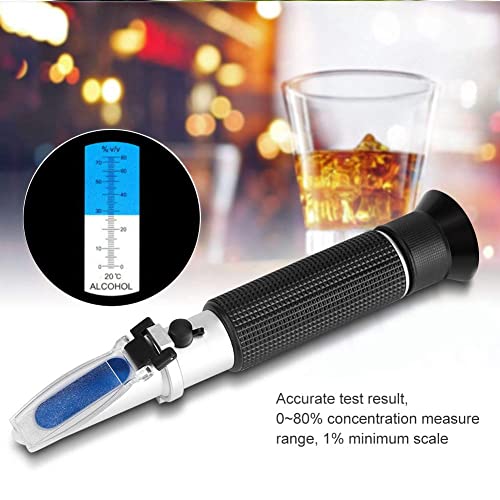 Alcohol Refractometer 0-80%, Aluminum, with ATC, Alcohol Content Measurement Tool Tester Includes Screwdriver, Dropper, Cloth, Case, 8.07 Inch