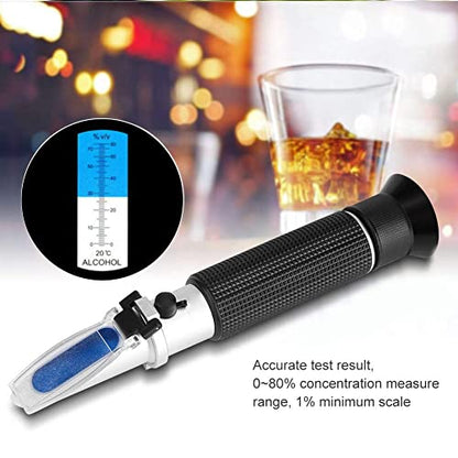 Alcohol Refractometer 0-80%, Aluminum, with ATC, Alcohol Content Measurement Tool Tester Includes Screwdriver, Dropper, Cloth, Case, 8.07 Inch