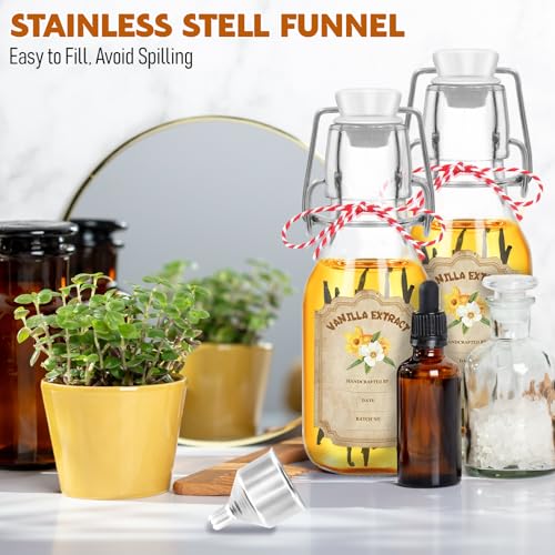 20 Pack Swing Top Glass Vanilla Extract Bottles 4 oz with Lids, Funnel and Vanilla Extract Labels, Boston Vanilla Bottles for Syrup Gift, Flip Top Glass Jars - color: 20PC 4oz Round Bottle