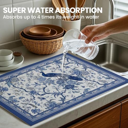 Absorbent Kitchen Dish Drying Mat Quick Dry Heat Resistant Hide Stain for Glasses Coffee Espresso Machines Pots Pans and Dish Racks,18" x 24" Chinoiserie Peacock Blue Pattern - color: Chinoiserie Peacock Blue
