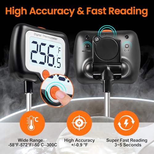 10 Inch Long Digital Candy Thermometer with Pot Clip,Deep Fry Thermometer,Rotating Display, Best Instant Read Food Meat Thermometer for Candy Making or Deep Frying - color: Black Digital Thermometer