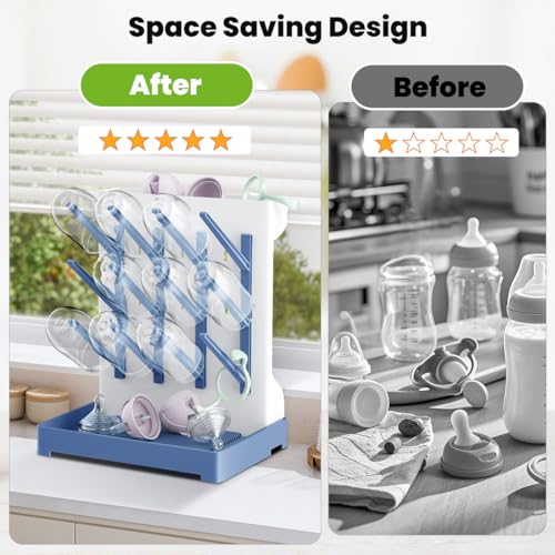 Baby Bottle Drying Rack: Vertical Space Saving Large Bottles Holder - Standing Boon Dryer Rack Baby Accessory - Countertop Holds Up to 12 Bottles & Pump Part Cleaning & Cup (Blue) (Blue) - color: Blue