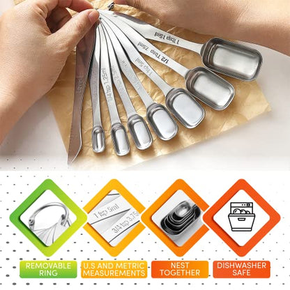 Spring Chef Stainless Steel Measuring Spoons Set of 8 with Leveler, Metal Teaspoon & Tablespoon Measuring Spoons for Dry & Liquid Ingredients, Fits in Spice Jars - Kitchen Gadgets For Baking & Cooking - style: Spoons - Set of 8