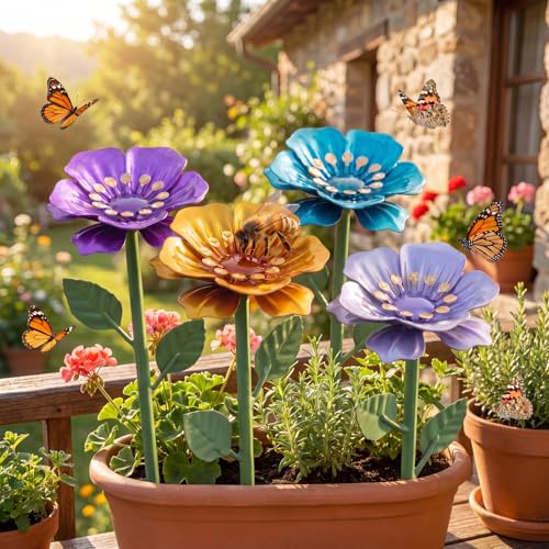 Bee Watering Station, 4 Pack Metal Flower Feeder with Perch for Bees and Butterflies, Yard Stake Butterfly Bee Bath for Garden Patio Outdoor Decor, Unique Gifts for Women Gardener