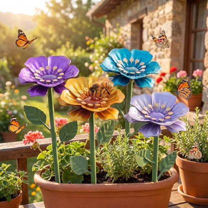 Bee Watering Station, 4 Pack Metal Flower Feeder with Perch for Bees and Butterflies, Yard Stake Butterfly Bee Bath for Garden Patio Outdoor Decor, Unique Gifts for Women Gardener