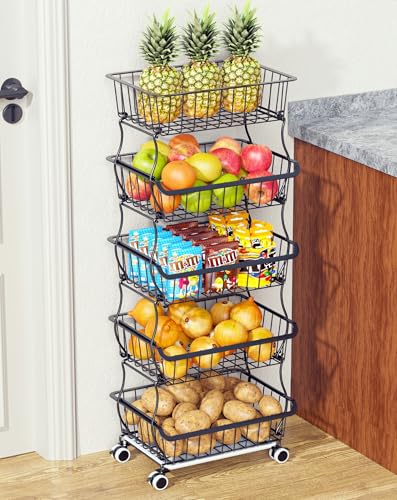 OKZEST 5 Tier Fruit Basket for Kitchen, Stackable Bins Wire Rack with Wheels, Fruit and Vegetable Storage Basket Pantry Food Snack Organizer Shelf, Kitchen Storage Cart for Onion and Potato, Produce - color: Black, size: 5-Tier Baskets