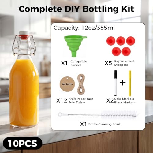 Ruckae 10 pack 12oz Swing Top Glass Bottles with Air Tight Lids Kombucha Flip Top Glass Bottle for Syrup Vanilla Extract Brew Beer Kefir Bottles for Gift (12oz 10pack)
