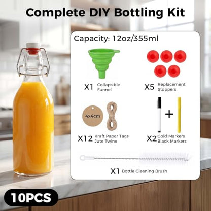 Ruckae 10 pack 12oz Swing Top Glass Bottles with Air Tight Lids Kombucha Flip Top Glass Bottle for Syrup Vanilla Extract Brew Beer Kefir Bottles for Gift (12oz 10pack)