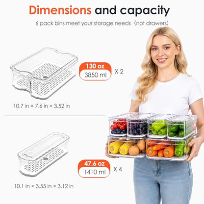 SMRCAD 6 Pack Clear Fridge Organizer Bins with Drain Trays - Stackable | BPA-Free PET, 6 Pack: 6 lidded Bins (Not drawer), Helps Keep Produce Fresh, 14L Capacity, Hand Wash Only - size: 6 Bins (No Pull-out Drawer)