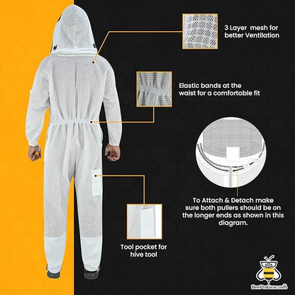 3-Layer Ultra Ventilated Mesh Beekeeping Suit for Men & Women with Veil Sting-Proof Bee Suit with Leather Gloves & Bag - color: White F, size: 3X-Large