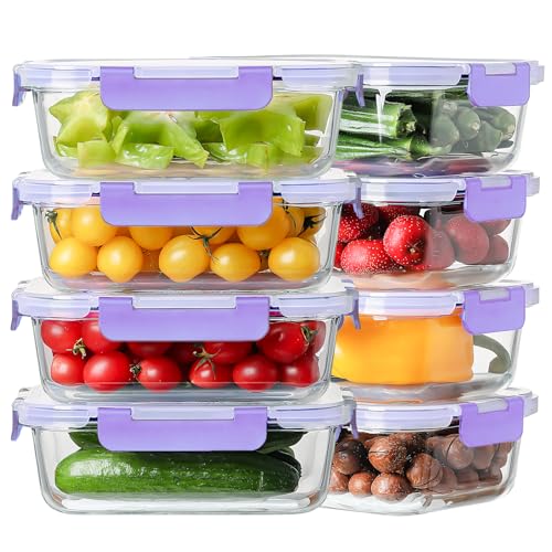 8 Pack 36oz Large Glass Meal Prep Containers with lids, Glass Food Storage Containers with Leak Proof Snap Lock Lids , Airtight Bento lunch Boxes, Kitchen Storage, Oven and Dishwasher Safe-Purple - color: Purple