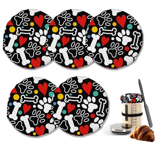 Sourdough Starter Jar Cloth Covers, Dog Paw Heart Gifts for Women Baker 5 Pack Kit Stretchy Cloth Bowl Lids Fits Jar Mouth Ranging 3"- 4" Inches - color: Dog Paw Heart