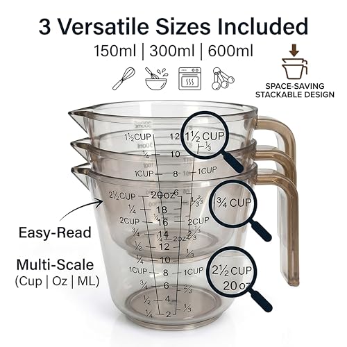 Measuring Cups Set, 3PCS with Pour Spout & Handle, Multi-Scale (cup | oz | ml) Stackable Liquid & Dry Plastic Measuring Tools for Baking Cooking, Essential Kitchen Gadgets (Coffee Brown) - color: coffee brown