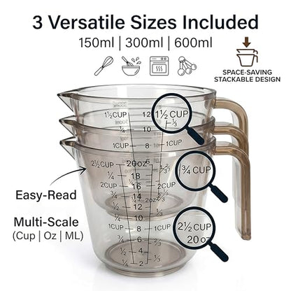 Measuring Cups Set, 3PCS with Pour Spout & Handle, Multi-Scale (cup | oz | ml) Stackable Liquid & Dry Plastic Measuring Tools for Baking Cooking, Essential Kitchen Gadgets (Coffee Brown) - color: coffee brown