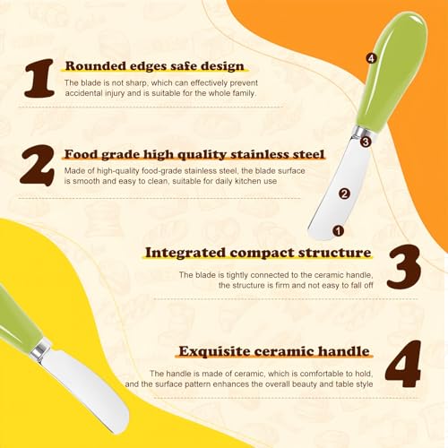 Butter Spreader Knife Set, 2-Pack Stainless Steel Cheese and Butter Knives with Ceramic Handle, Dishwasher Safe, for Soft & Hard Cheese, Jam, Cold Butter (light green) - color: light green