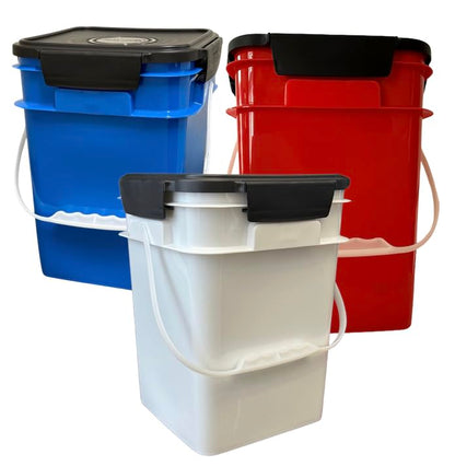 House Naturals 4 Gallon Square Food Grade Bucket Pail with Plastic Handles and Lid (Pack of 3) Made in USA containers (Blue/Red/White) - color: Blue/Red/White