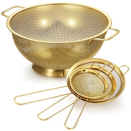 Norme 4 Quart Stainless Steel Gold Colander and 3 Pcs Gold Fine Mesh Strainer, Stainless Steel Pasta Rice Food Metal Strainer with Handles, Easy Clean and Dishwasher Safe - color: Gold, size: 4 Quart