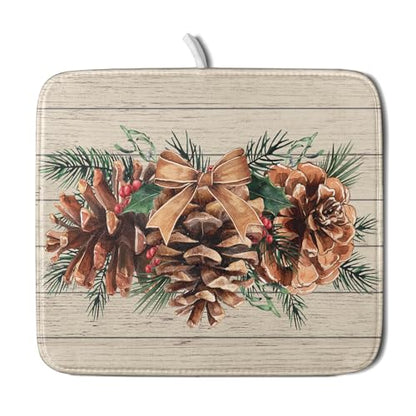 Winter Pine Cone Dish Drying Mat Holly Berries Dish Draining Mat Microfiber Washable Dish Drainer Rack Mat for Home Kitchen Counter 16"x18" - color: Winter Pine Cone, size: 16" x 18"
