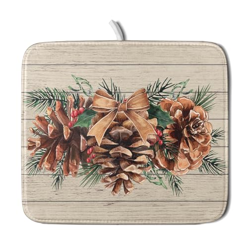 Winter Pine Cone Dish Drying Mat Holly Berries Dish Draining Mat Microfiber Washable Dish Drainer Rack Mat for Home Kitchen Counter 16"x18" - color: Winter Pine Cone, size: 16" x 18"