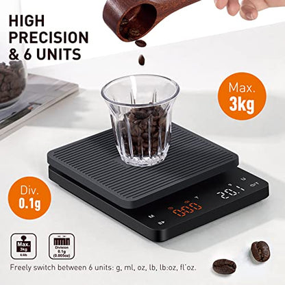 BAGAIL Coffee Scale with Timer, 0.1g/3kg Precision | For Drip Espresso & Pour Over, Rechargeable, Clear LED Display, Auto Tare, Waterproof Silicone Cover, Charging Cable Included