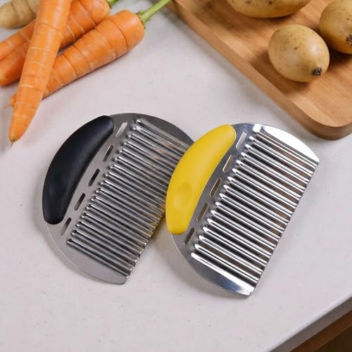 2 Pcs Stainless Steel Crinkle Chopper & French Fry Cutter Heavy Duty Wavy Potato Slicer for Vegetables Fruits Cheese Kitchen Gadget Vegetable Chopping Tool (Black & Yellow) - color: Black & Yellow