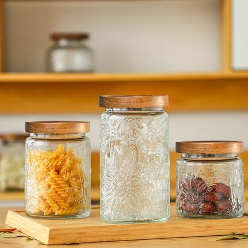 Adodeen 3-Pack 32oz Glass Jar With Airtight Lid,Kitchen Canisters For Countertop,Coffee Sugar Container Set,Pantry Glass Storage Containers For Flour,Candy,Loose Tea,Snack jar - color: Sunflower/Bigonia/Window-32oz