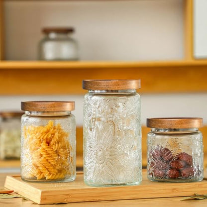 Adodeen 3-Pack 32oz Glass Jar With Airtight Lid,Kitchen Canisters For Countertop,Coffee Sugar Container Set,Pantry Glass Storage Containers For Flour,Candy,Loose Tea,Snack jar - color: Sunflower/Bigonia/Window-32oz