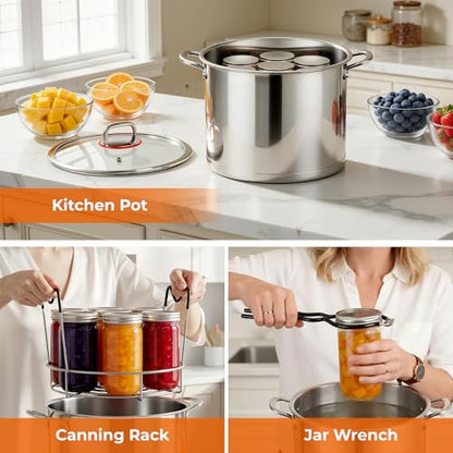 Pisol Canning Supplies Starter Kit with 21 Qt Canning Pot, Stainless Steel Canning Tool Set - Canning Rack, Wide Mouth Funnel, Pot, Lid Lifter, Tongs, Jar Wrench, Lid Lifter for Beginner, Black