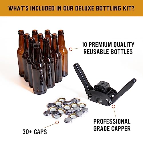 Deluxe Bottling Kit – Craft a Brew Homebrew Bottler Equipment – Home Brewing Easy Bottling Set – 10 Empty 12oz. Amber Glass Bottles – 30+ Caps – 1 Capper… - style: 1 Gallon Cap + Kit
