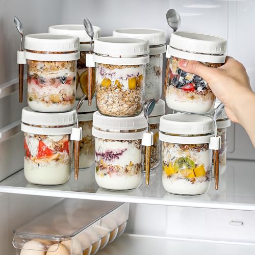 6 Pack Overnight Oats Containers with Lids and Spoons, 16 oz Glass Mason Overnight Oats Jars, Large Capacity Airtight Jars for Milk, Cereal, Fruit(White) - color: White