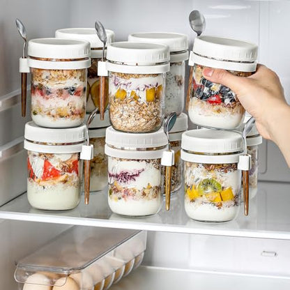 6 Pack Overnight Oats Containers with Lids and Spoons, 16 oz Glass Mason Overnight Oats Jars, Large Capacity Airtight Jars for Milk, Cereal, Fruit(White) - color: White