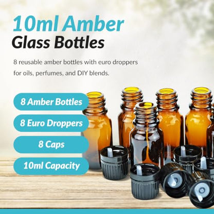 mEssentials 10ml Amber Glass Bottles with Euro Dropper Caps - Great for Essential Oils, Perfumes and DIY Aromatherapy - Easy to Fill, Clean and Reuse - Protective and Durable (8)