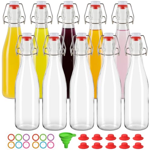 12 oz 10 Pack Swing Top Glass Bottles, Flip Top Brewing Bottle with Airtight Stopper Lids for Fermentation, Soda, Kombucha, Juice, Kefir, Wine