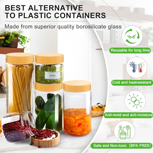 AISIPRIN Airtight Glass Jar with Lid, Glass Storage Containers with Screw On Bamboo Lids, for Cookie, Pasta, Cereal Storage Containers, 5Pcs 80oz 50oz 27oz Canisters Sets for the Kitchen - size: 5 jars: 80oz, 50oz, 27oz