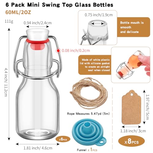 6Pcs Red Lid 2 oz Mini Swing Top Glass Bottles, 60ML Mini Storage Bottles, with Lids Kraft Decoration,Small Glass Bottles,for Wedding Themed Party Favors (6)