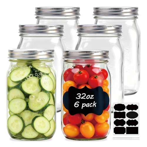 Flrolove Wide Mouth Mason Jars 32 oz, Canning Jars Wide Mouth 6 Pack | Large Mason Jars, Glass Jars with Airtight Lid for Food Storage, Pickling, Preserving, Meal Prep, Jam, Honey, Jelly, Oats
