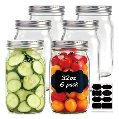 Flrolove Wide Mouth Mason Jars 32 oz, Canning Jars Wide Mouth 6 Pack | Large Mason Jars, Glass Jars with Airtight Lid for Food Storage, Pickling, Preserving, Meal Prep, Jam, Honey, Jelly, Oats