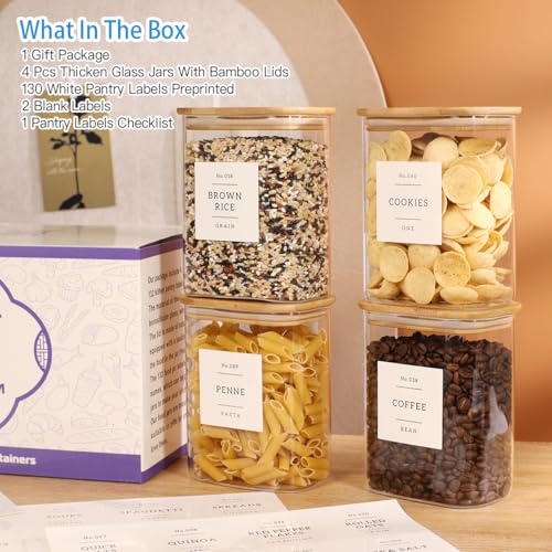 4 Pack Square Glass Pantry Storage Containers with 132 Kitchen Food Pantry Labels - 34 floz Clear Glass Pantry Jars with Airtight Wood Bamboo Lids - Glass Canisters for Tea, Cereal, Coffee, Spice - size: 34oz-4pack